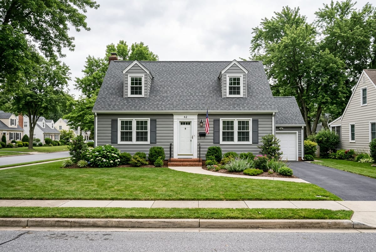 Illustrative one-and-a-half story Cape Cod with a steep roof and two front dormers