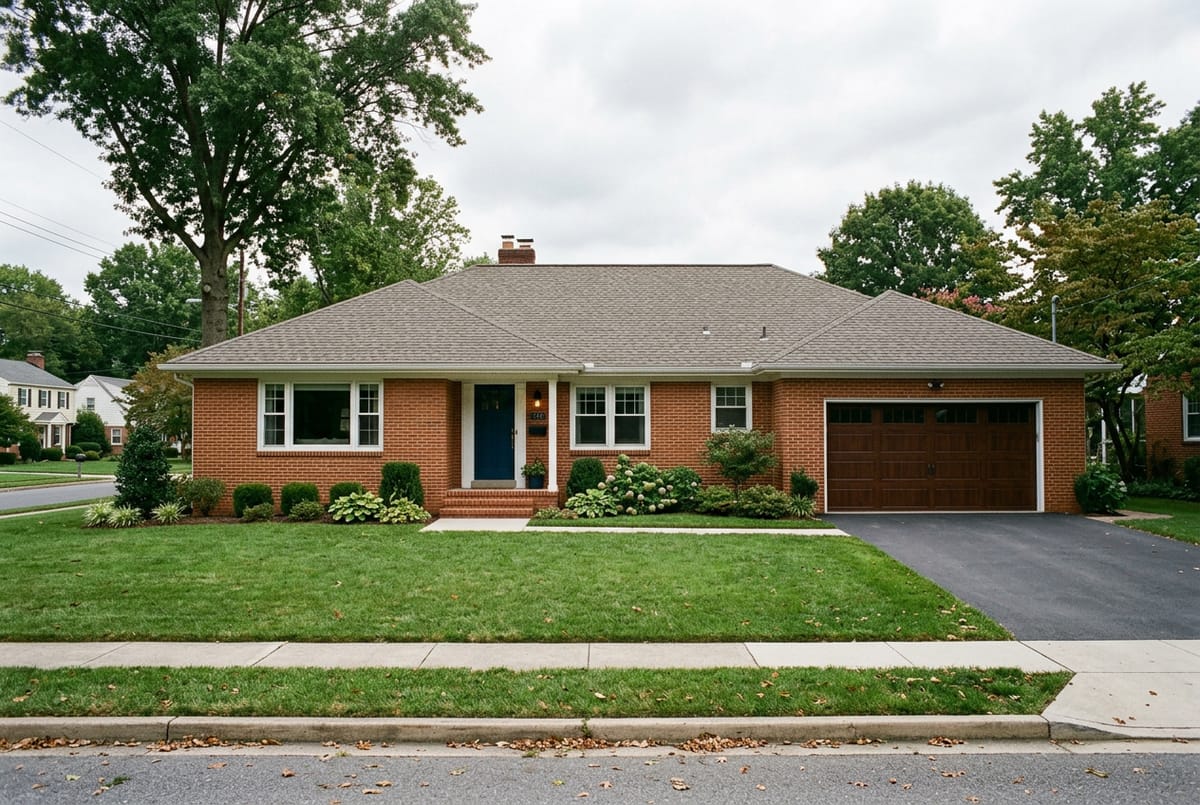 Illustrative single-story brick ranch with a long low hipped roof and attached garage